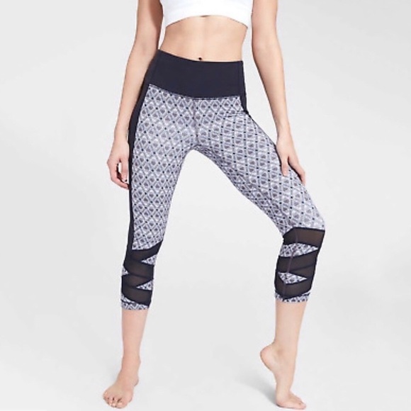 Athleta Mantra Mosaic Printed Cropped Sheer Mesh Leggings XS Blue Workout - Picture 1 of 6